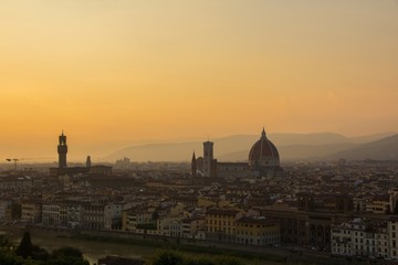 View of the Cathedral of Santa Maria del Fiore (Duomo) and Arnolfo tower of Palazzo Vecchio....