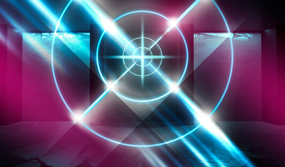 Futuristic abstract background. Empty room background, concrete. Neon blue and pink light smoke. Laser lines, laser target in the center of the room.