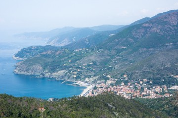 The small town of Levanto is next to the Cinque Terre national Park. City aerial view from the mountain.