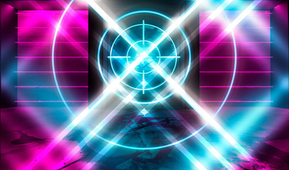 Futuristic abstract background. Empty room background, concrete. Neon blue and pink light smoke. Laser lines, laser target in the center of the room.