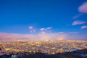 Beautiful landscape with moiwa mountain around tree in snow winter season at sunset time