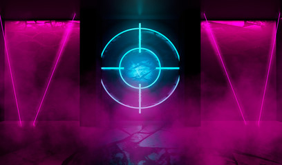 Futuristic abstract background. Empty room background, concrete. Neon blue and pink light smoke. Laser lines, laser target in the center of the room.