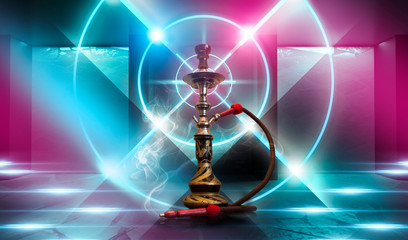 Hookah with smoke on the background of a concrete pavement with multi-colored laser beams, neon light, smoke