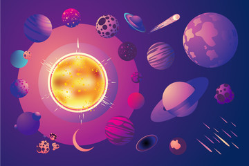 Universe with cartoon planets. Set of space objects. Solar system vector clip art.
