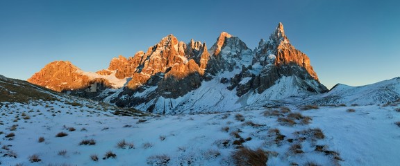 Dolomitic group of Pale di San Martino as seen from Passo Rolle on the Italian Alps. The Pale di San Martino Group is the southernmost of the big Dolomite Groups. Trento, Italy. Beautiful mountain