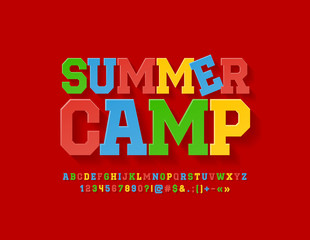 Vector Children logotype Summer Camp with Bright Font. Colorful Flat Alphabet Letters, Numbers and Symbols