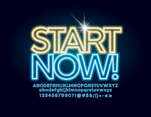 Vector neon emblem Start Now! for Marketing, Advertising, Business logotypes. Glowing blue Font. Lighting Alphabet Letters 