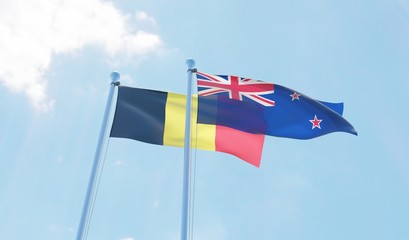 New Zealand and Belgium, two flags waving against blue sky. 3d image