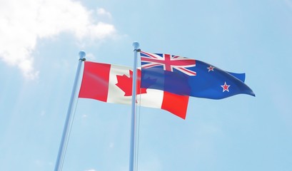 New Zealand and Canada, two flags waving against blue sky. 3d image