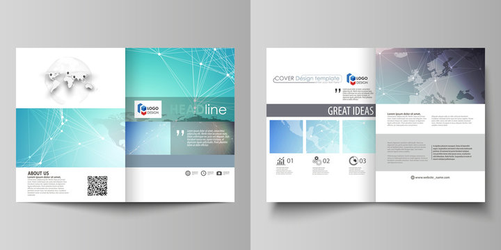 The minimalistic vector illustration of editable layout of two A4 format modern covers design templates for brochure, flyer, report. Molecule structure, connecting lines and dots. Technology concept.