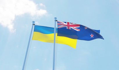 New Zealand and Ukraine, two flags waving against blue sky. 3d image