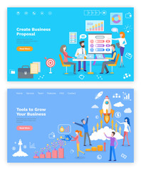 Fototapeta na wymiar Proposal and tools to grow business online webpage vector. Graphics, rocket start and money, economic development website template, landing page flat style. Landing page in flat