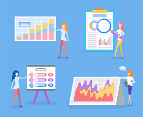 Statistics data, business graphics and diagrams, analysis vector. Charts and schemes, businesswomen or female entrepreneurs, financial growth presentation