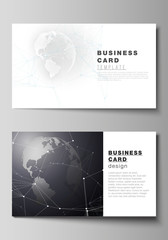 Vector editable layout of two creative business cards design templates. Futuristic geometric design with world globe, connecting lines and dots. Global network connections, technology digital concept.