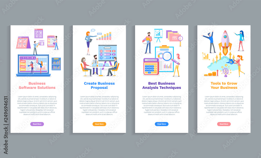 Poster tools to grow your business vector, create proposal, software solution. analysis techniques, people 