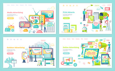 Online and outdoor advertising, media and print adverts vector. Website or webpage template, landing page flat style, publication internet radio and tv