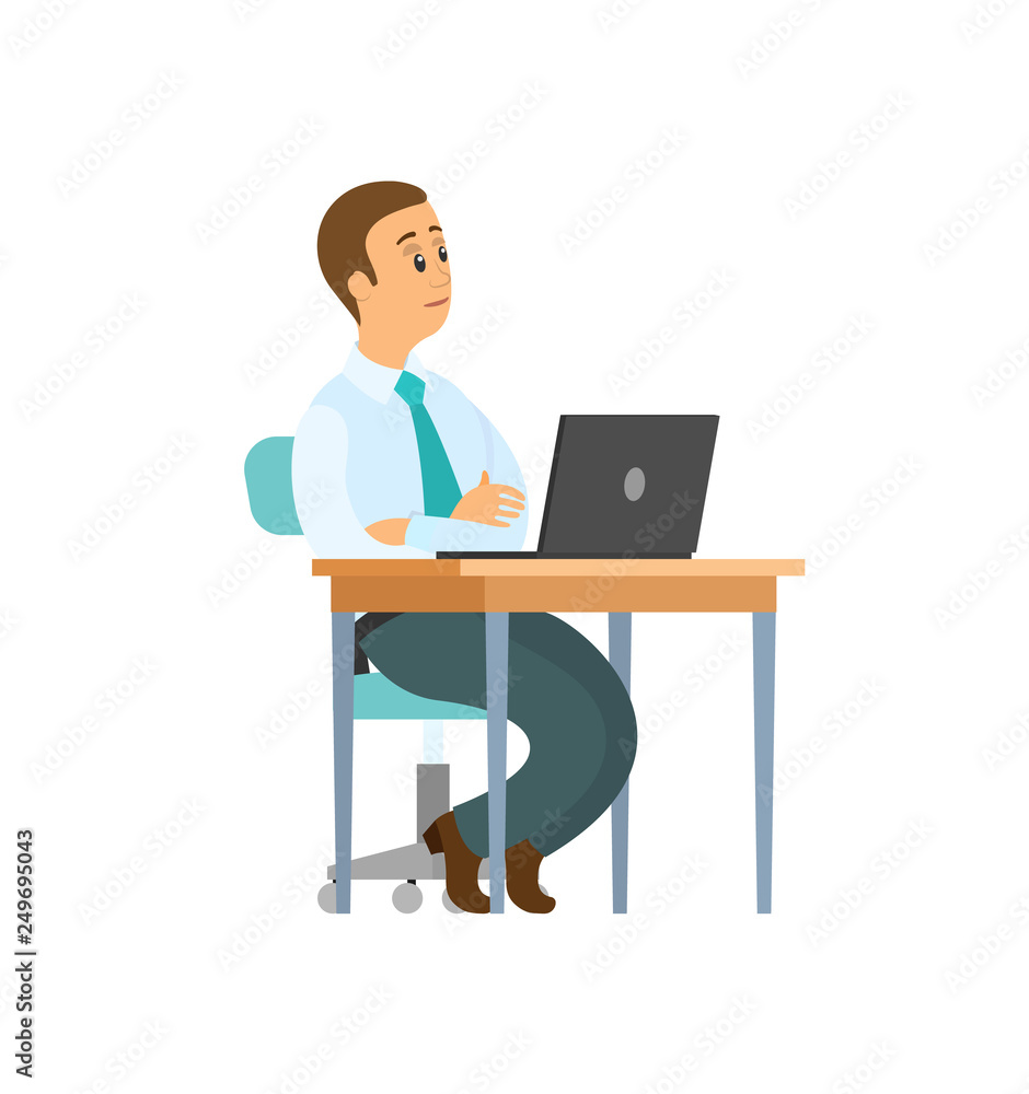 Poster man sitting on chair at table with computer with crossed hands. isolated office worker at work place