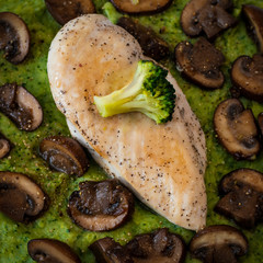 Fototapeta na wymiar Chicken breast with broccoli and mushrooms