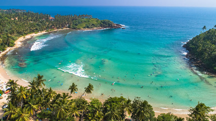Aerial. Surf beach Hiriketiya, Dikwella, Sri Lanka. - obrazy, fototapety, plakaty