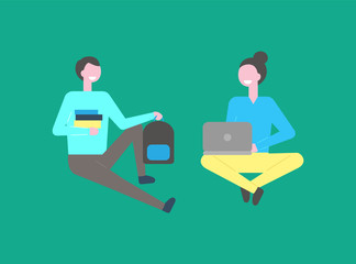 Male and female students sitting isolated on green background. Man teenager with pile of books, and girl working on laptop, vector cartoon people in flat style