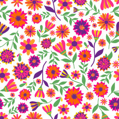 Dia de los muertos seamless vector pattern with marigold flowers. The main symbols of the holiday on the white background. Day of the dead.
