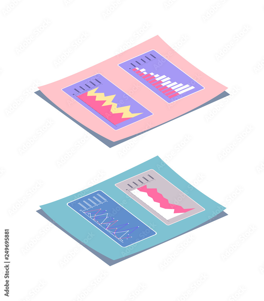 Poster report with visualized information vector. research results on page, document with infographics and 