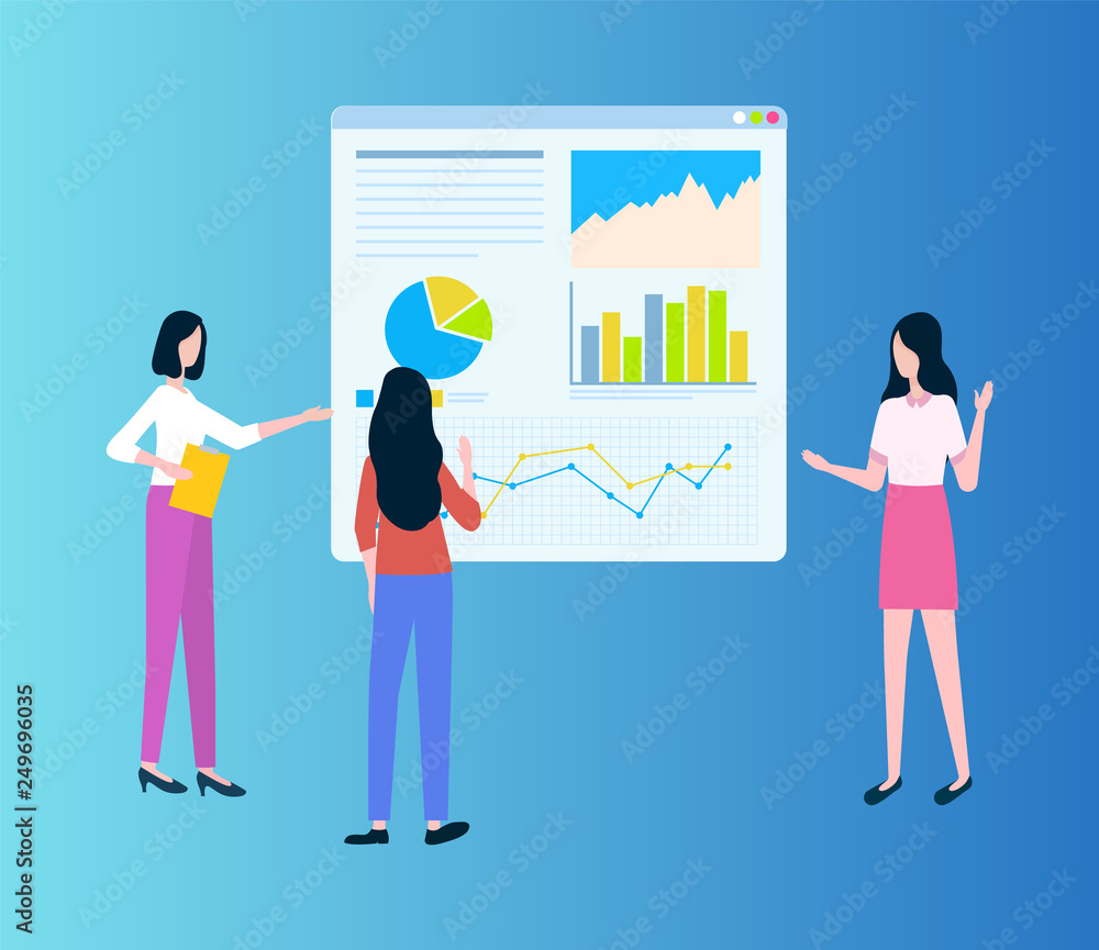 Poster workteam of women showing diagrams on board, growth statistics on table. people standing and discuss
