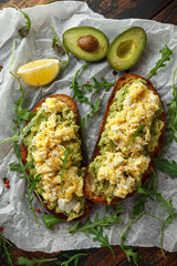 Vegetarian Avocado and scrambled egg sourdough toast.
