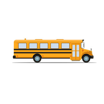 Yellow school bus side views flat illustration on white background