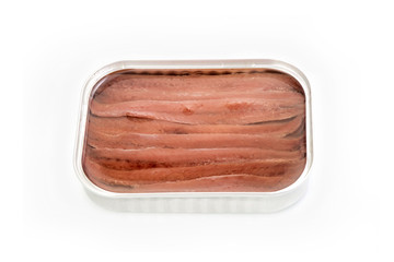 Open tin can of anchovies isolated