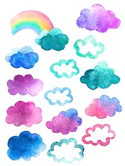Schilderijen op glas Seamless pattern with cute watercolor clouds © fominox