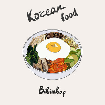 Bibimbap korean traditional dish with fried egg. Asian cuisine. Hand drawn vector illustration.