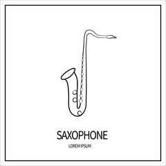 Saxophone, copper pipes. Jazz instrument. Linear icon isolated on white background. Outline. Banner with frame. Vector illustration