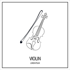 Obraz premium Violin, stringed-plucked instrument. Linear icon isolated on white background. Outline. Banner with frame. Vector illustration