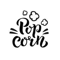 Popcorn text label with popping. Hand drawn brush pen typography sign. Black and white logo.Vector illustration. Graphic Design for print on poster, t-shirt print,social media content, card invitation