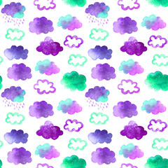 Seamless pattern with cute watercolor clouds