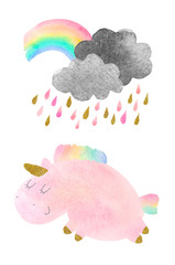 Watercolor unicorn and cloud with rainbow