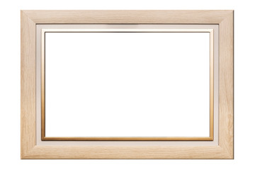 Wooden frame with golden inserts for photos on a white background. Isolated