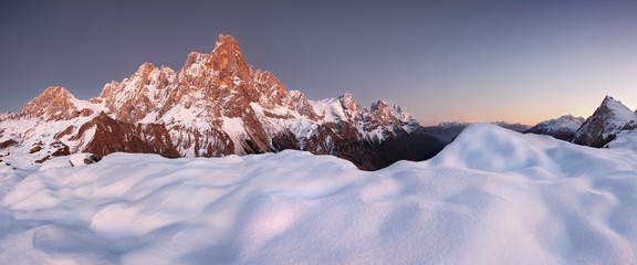 Beautiful view of Pale di San Martino in the italian Dolomites with blue sky. The famous Cimon...