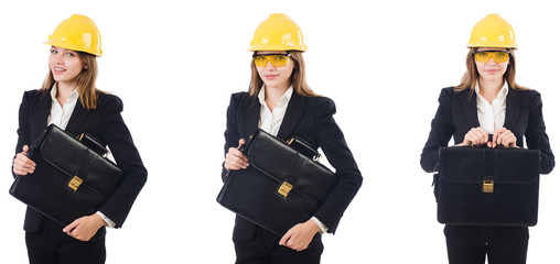 Female architect with bag isolated in white 