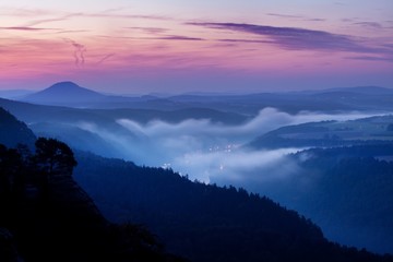 Foggy autumn or summer landscape. Misty foggy morning with sunrise in a valley of Bohemian Switzerland park. Detail of forest, landscape of Czech Republic, beautiful national park Bohemian Switzerland