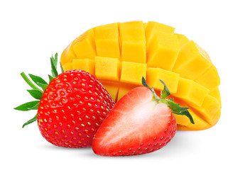 strawberry and ripe mango isolated on white background