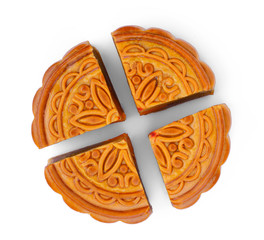 sliced moon cake isolated on white background, flat lay, top view