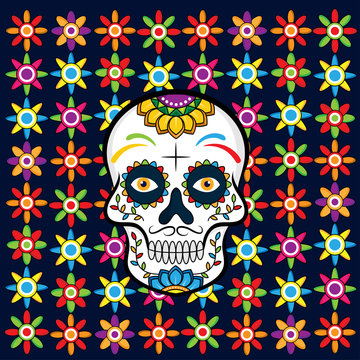 Day of the dead, Dia de los moertos, banner with colorful Mexican flowers. Fiesta, holiday poster, party flyer, funny greeting card - Vector