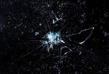 Bullet effect, broken glass texture and background, isolated on black, cracked window, series