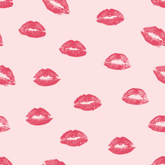 Vector woman pink lipstick kiss prints seamless background pattern. Pink lovely kisses for romantic, wedding and valentine backgrounds - obrazy, fototapety, plakaty