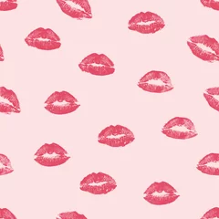 Foto auf Acrylglas Mädchenzimmer Vektorfrauenrosa-Lippenstiftkuss druckt nahtloses Hintergrundmuster. Rosa schöne Küsse für romantische, Hochzeits- und Valentinstaghintergründe