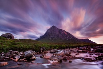 View towards Rannoch Moor, River Coupall in foreground, Beinn a' Chrulaiste on left. Highland, Scotland, UK. The mountain is Buachaille Etive Mor. It is located in Glencoe in the Lochaber region © Michal