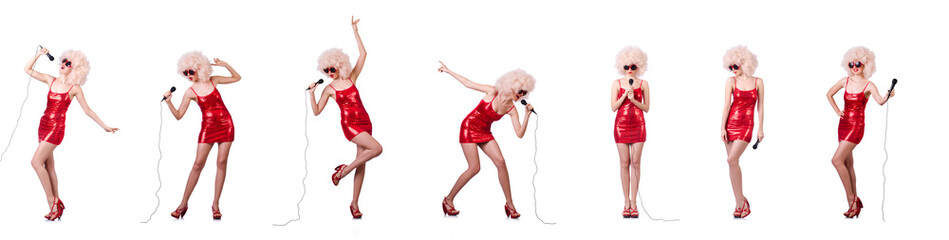 Pop star with mic  on white