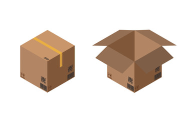 Carton packaging box. Isometric carton packaging box images with postal signs, this side up, fragile. Vector illustration.